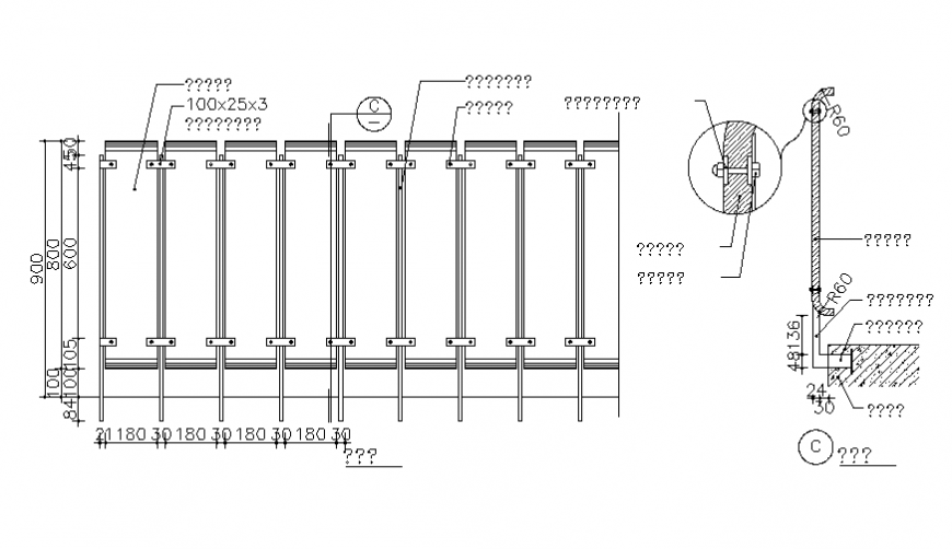 Railing sections and joints details dwg file