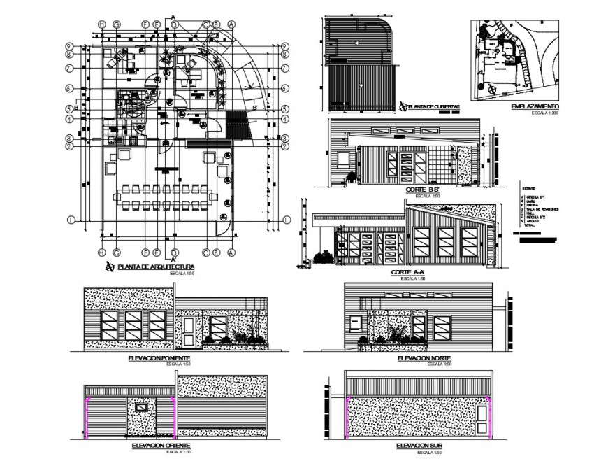 Registered office all sided elevation, section, plan and auto-cad details dwg file