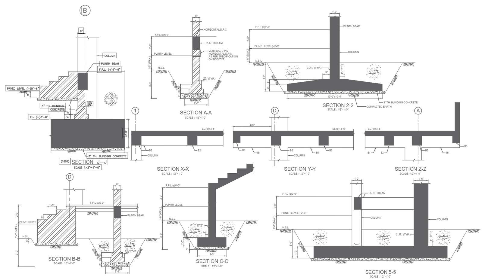 reinforcement plan of raft foundation section elevation and other detail and dimension autocad dwg drawing . 