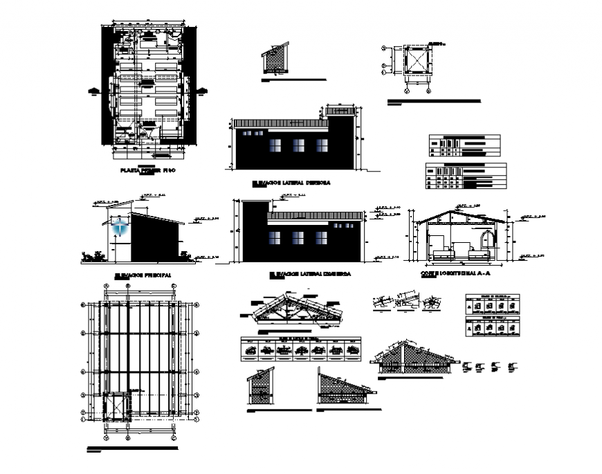 Religious church elevation, section, plan and constructive structure details dwg file