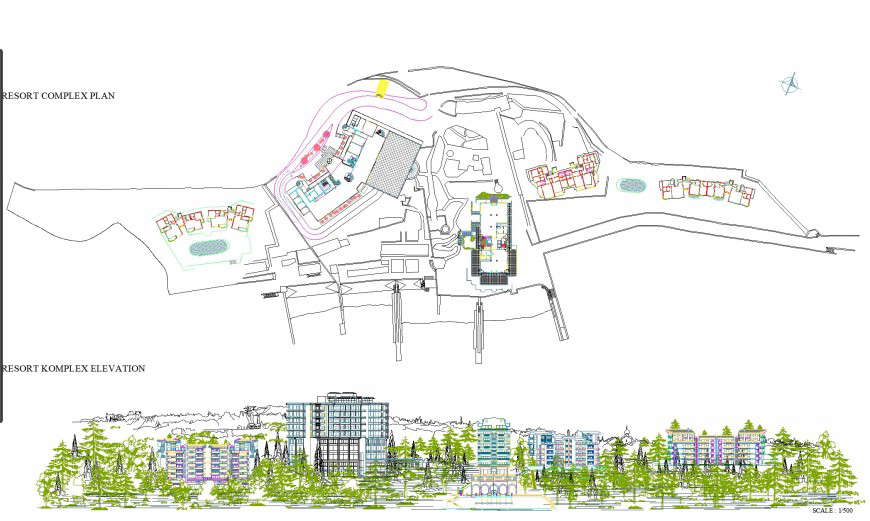 Resort complex plan and elevation autocad file