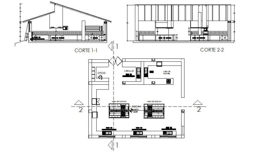 Restaurant building plan and section autocad file