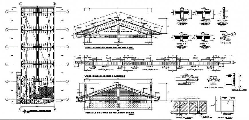 Roof section, cover plan and constructive structure cad drawing details dwg file