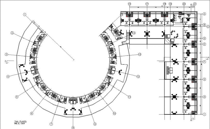 Round hotel furniture layout plan in dwg AutoCAD file.