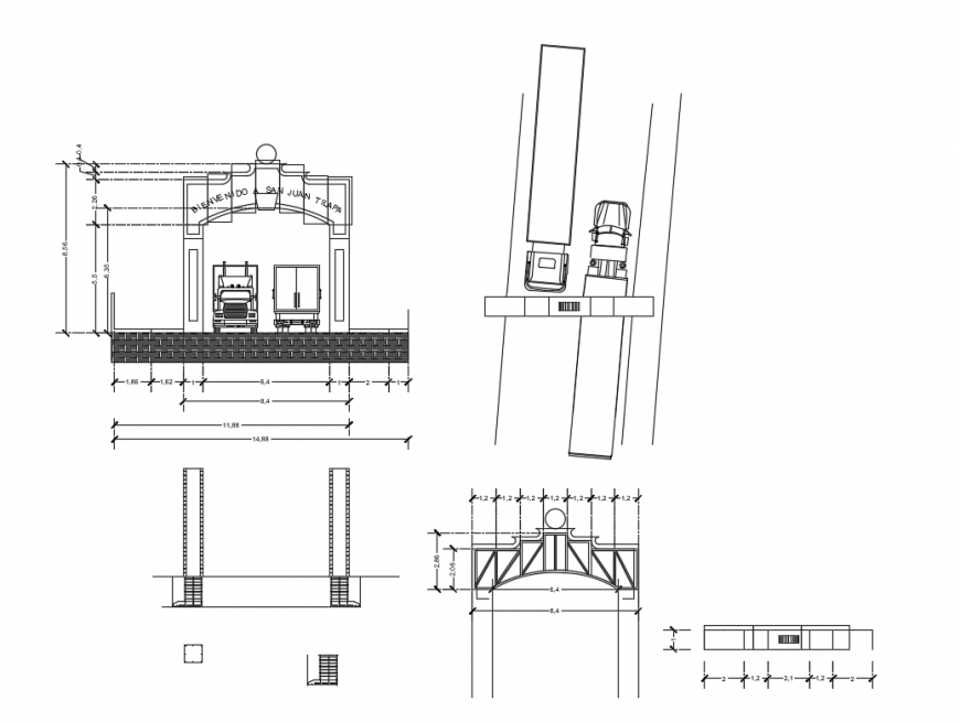 San juan city entry bridge elevation, section and plan details dwg file