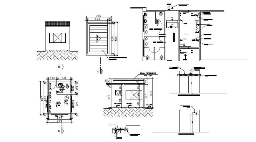 Sanitary section, plan and installation details of office building dwg file