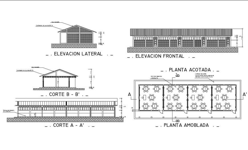 School building elevation, section and first floor plan details dwg file