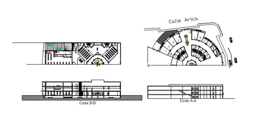 Sections and two floors plan drawing details of multi-story shopping mall building dwg file