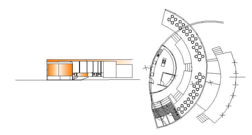 Semicircular restaurant building plan and elevation autocad file