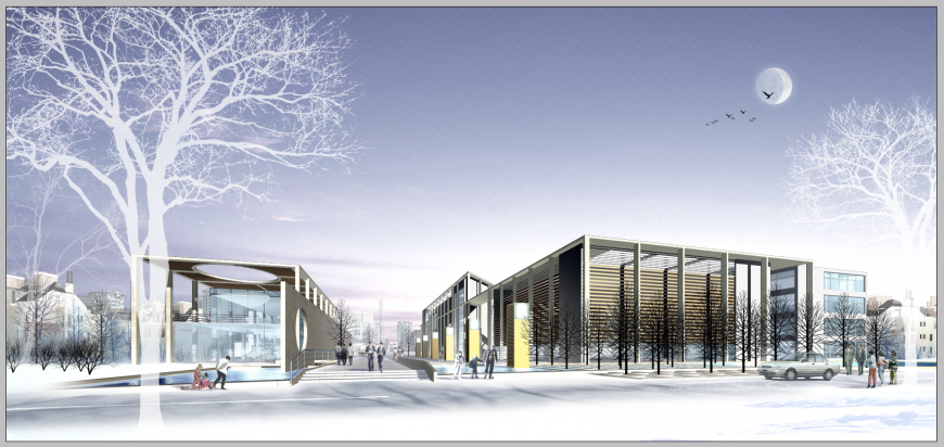 Shopping center building detail 3d model elevation photo-shop file