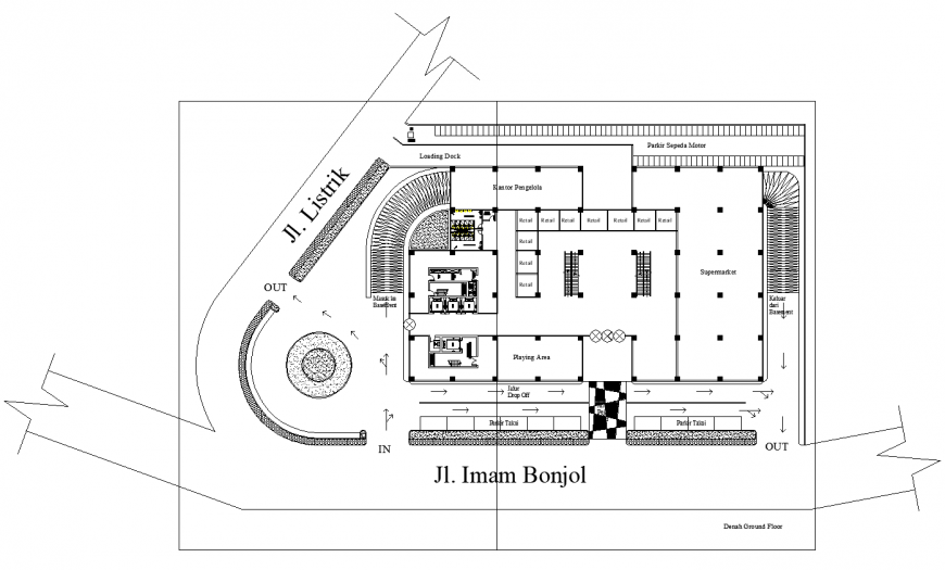 Shopping center plan drawing in dwg file.