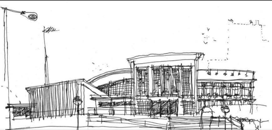 Shopping complex perspective view sketch detail  file