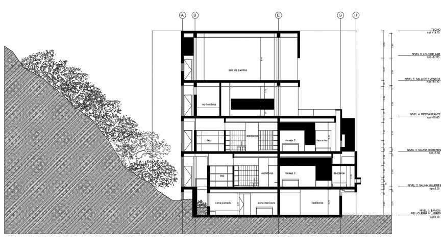 Side view of restaurant in auto cad