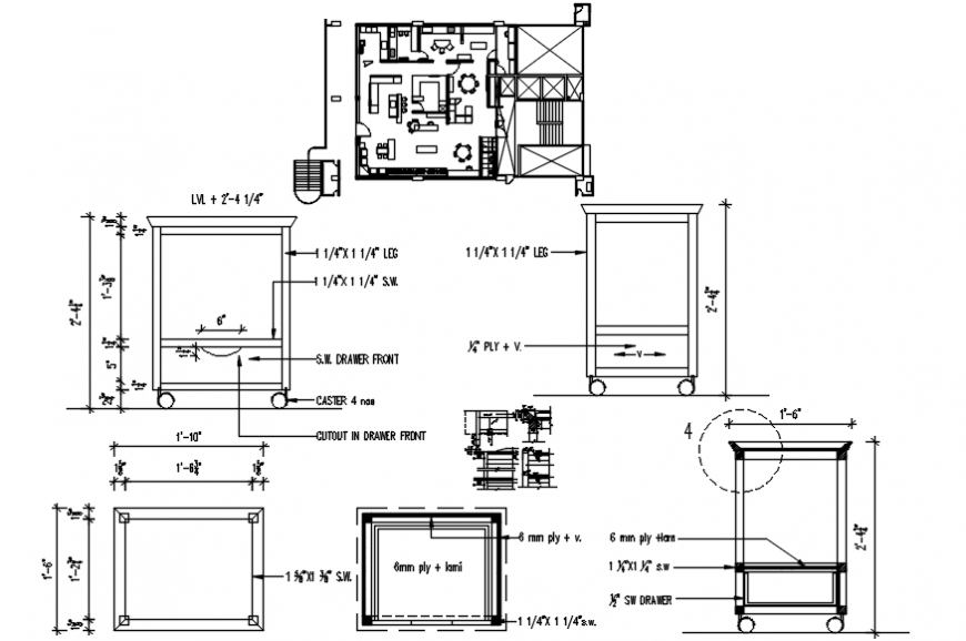Single house layout plan and trolley elevation and section details dwg file