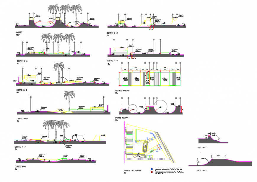 Skate park gate all sided elevation, landscaping and auto-cad details dwg file