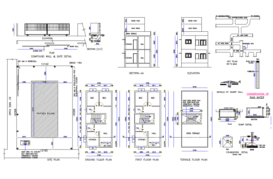 Small house plan, elevation and  section detail dwg file