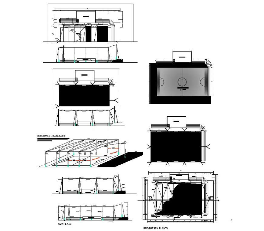 Soccer playground stadium detail plan, elevation and section 2d view layout file in dwg format
