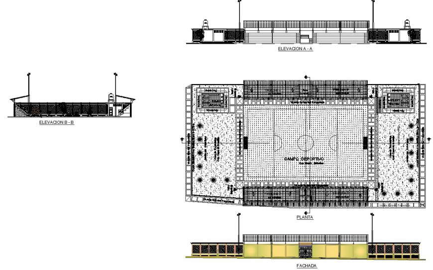 Sport stadium plan and elevation 2d view CAD structure layout dwg file
