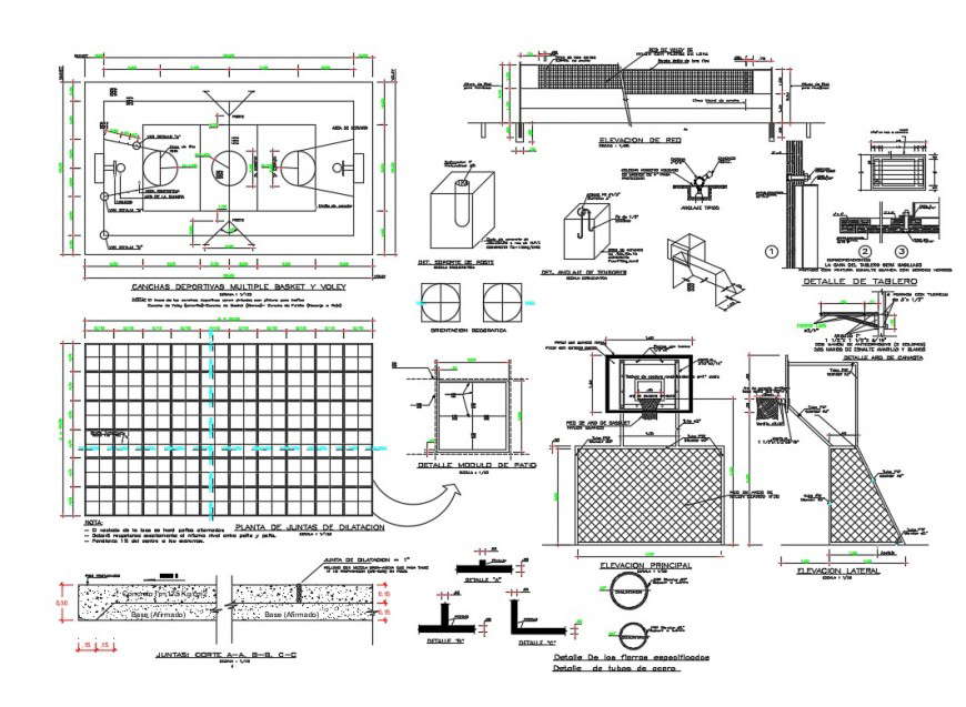 Sports ground and sports slab constructive structure details dwg file