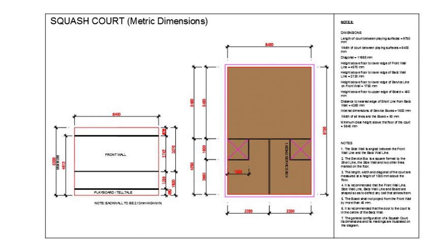 Squash court top view plan detail dwg file