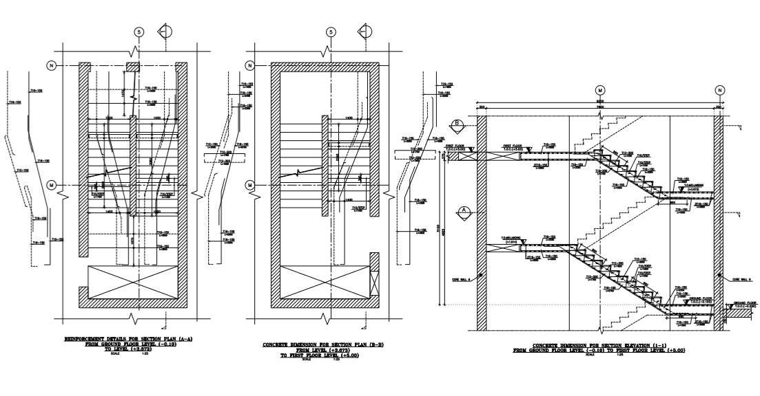 staircase structure detail plans and section of a building