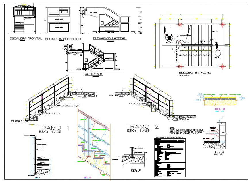 Staircase construction detial plan and elevation 2d view CAD structural block layout dwg file