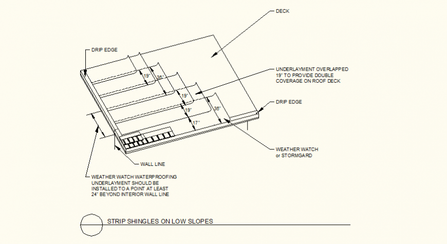 Strip shingles on low slopes detail plan and elevation autocad file