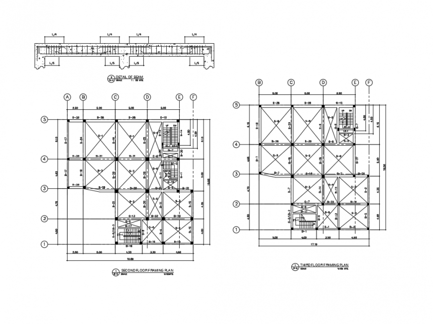 Structural plan details of foundation of second and third floor of house with beam details dwg file