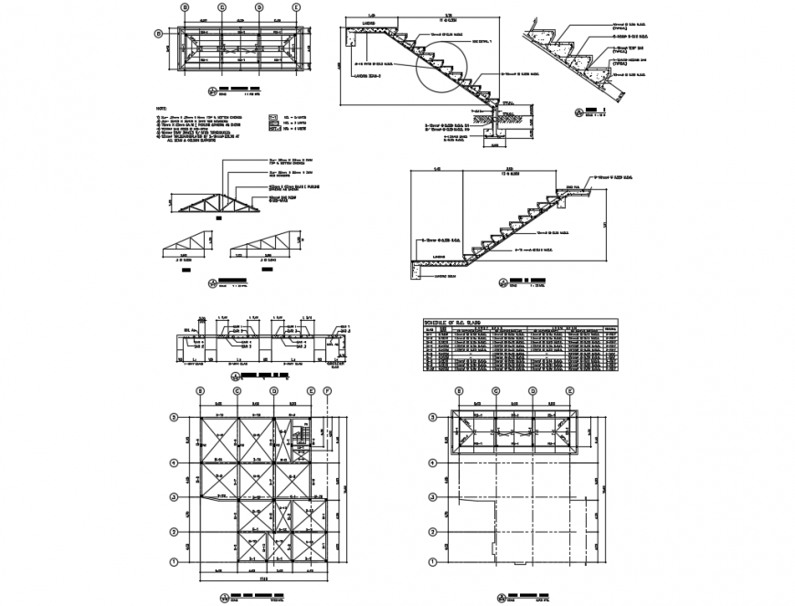 Structural plan of house with foundation, stairways, roof and technical specifications dwg file