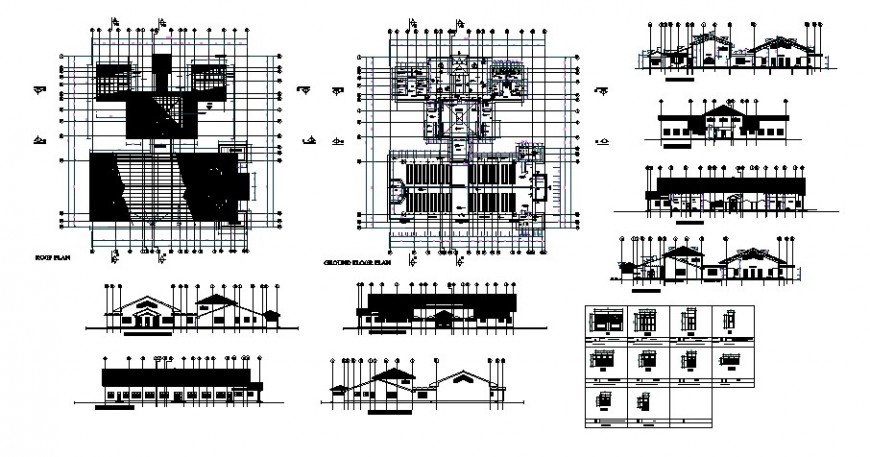 Structural view of dining hall with kitchen plan and section in auto cad