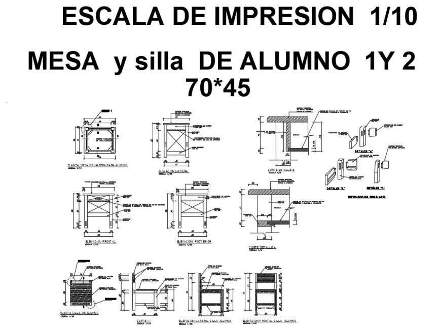 Students multiple table and chairs elevation, section and plan details dwg file