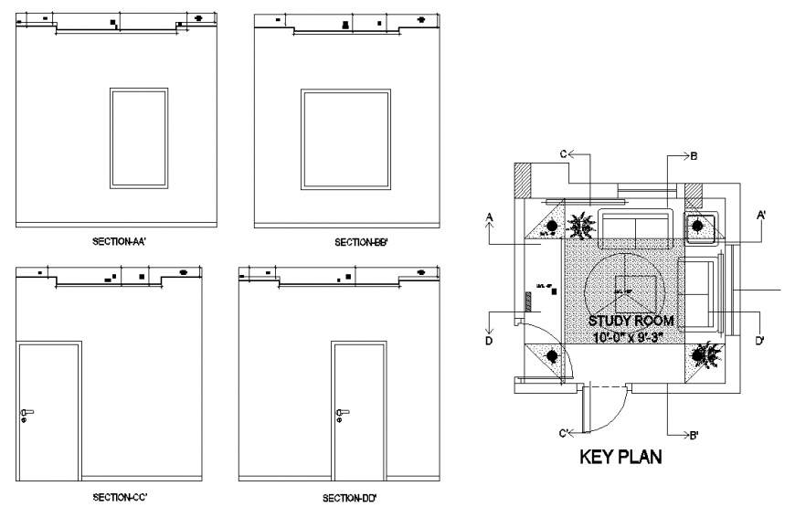 Study room ceiling detail plan and section autocad file