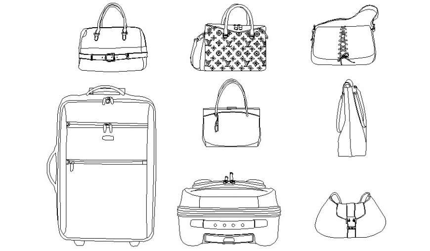 Suitcase and bags drawings details 2d view elevation autocad file