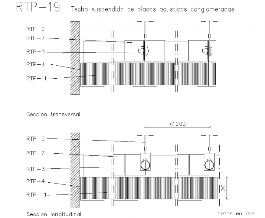 Suspended ceiling of conglomerate acoustic plates section plan layout file