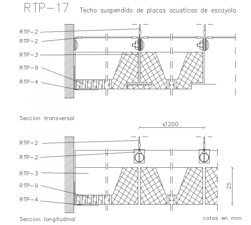 Suspended ceiling of plaster acoustic panels section autocad file