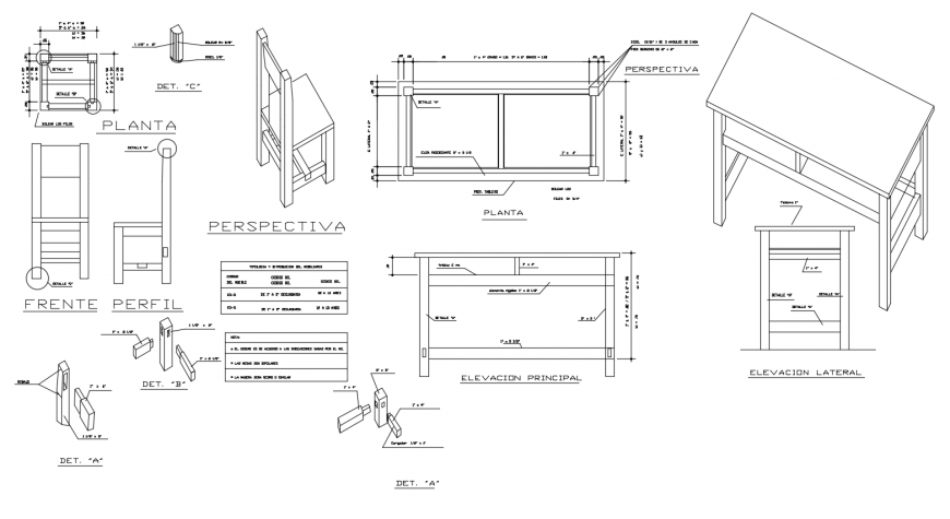 Table and Chair CAD View with Plan, Elevation, and Joints