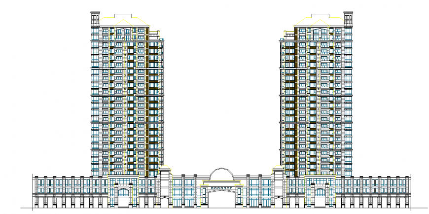 Tall tower hotel elevation drawing in dwg AutoCAD file.