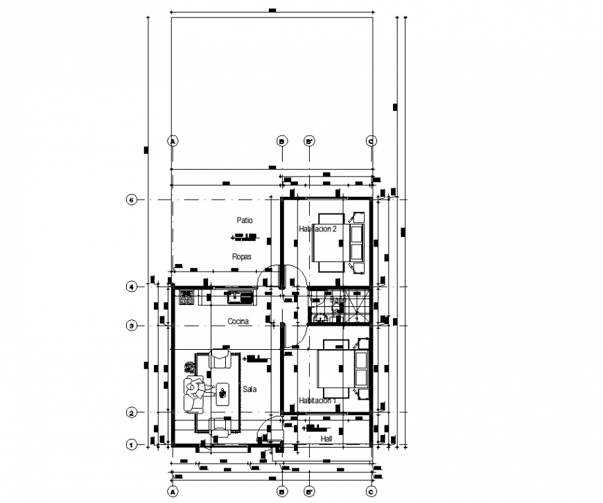 Tenement house plan drawing in dwg AutoCAD file.