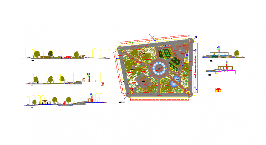 Theme park garden gate elevation and landscaping structure details dwg file