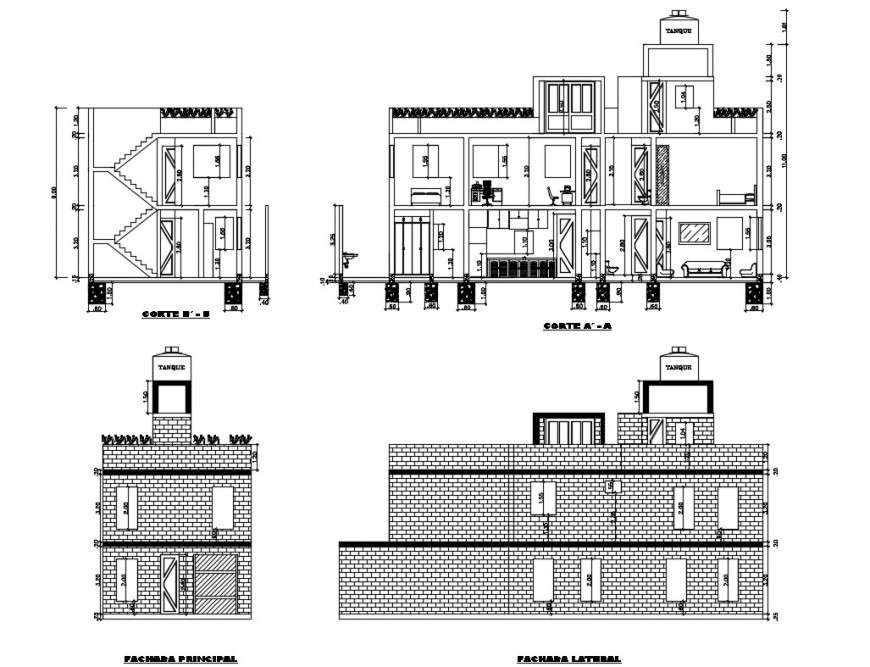 Three story house all sided elevation and section cad drawing details dwg file