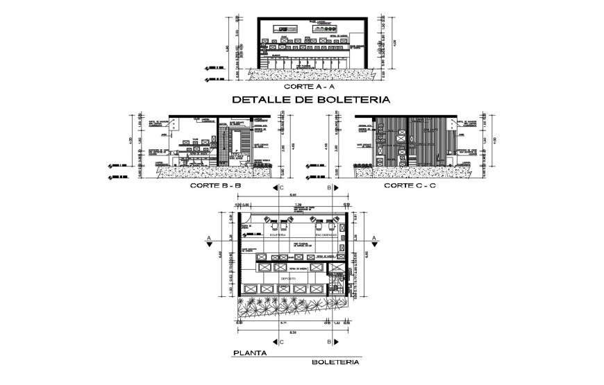 Ticket counter for airport section, plan and auto-cad drawing details dwg file