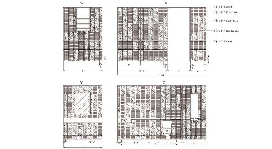 Toilet interior wall cladding tile detail drawing in dwg AutoCAD file.