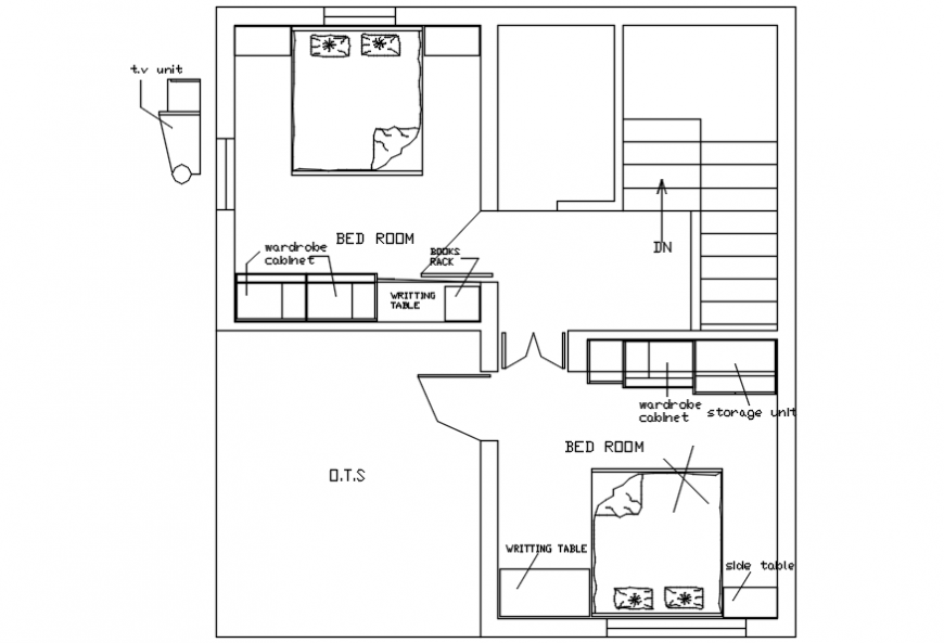 Top view furniture layout plan of bedroom detailing,