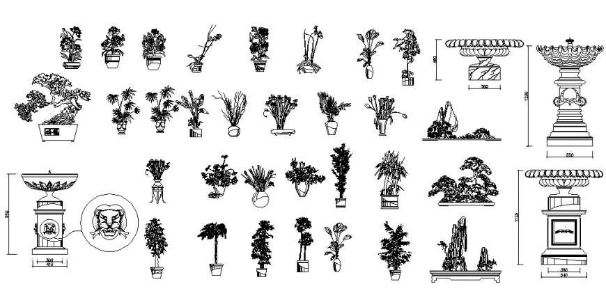 Tree plants with vase and fountain for garden blocks cad drawing details dwg file