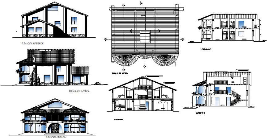 Two-flooring house all sided elevation, section and cover plan details dwg file