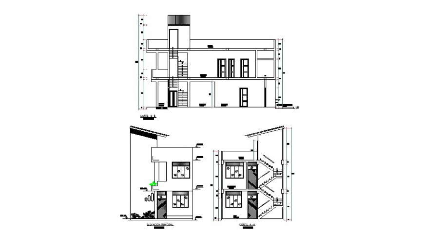 Two-flooring house main elevation and main and side section cad drawing details dwg file
