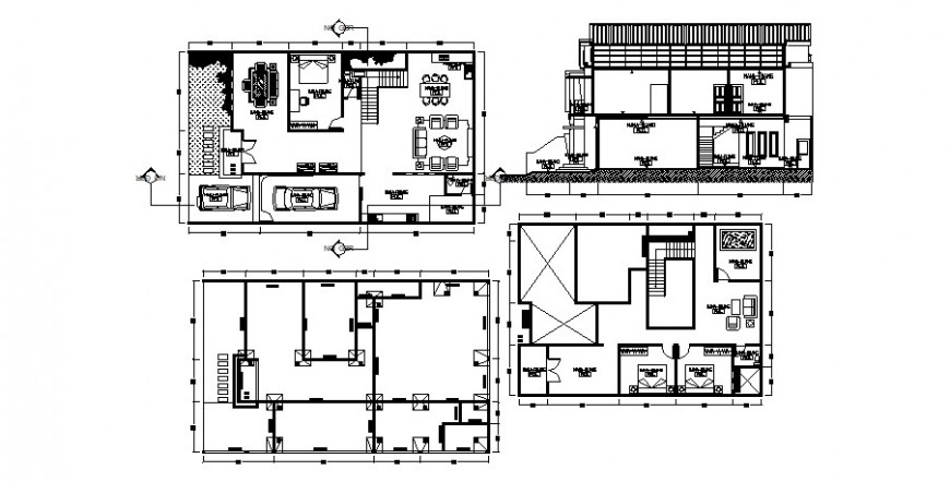 Two-story house section, floor plan and foundation plan cad drawing details dwg file