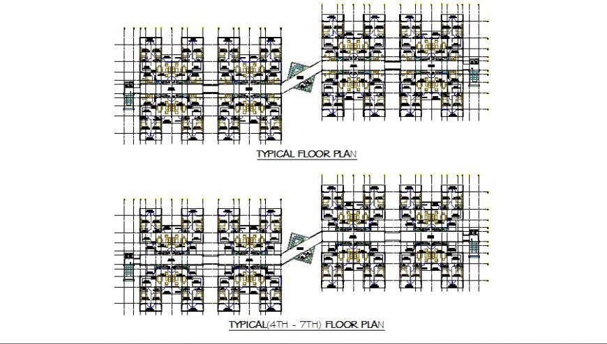 Typical floor plan and fourth and seventh floor plan details of apartment building dwg file