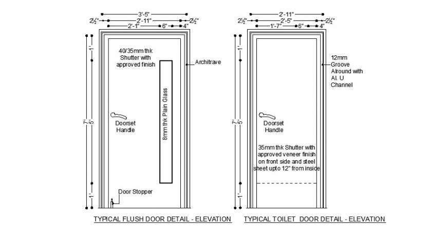 Typical flush and toilet door elevation cad block details dwg file