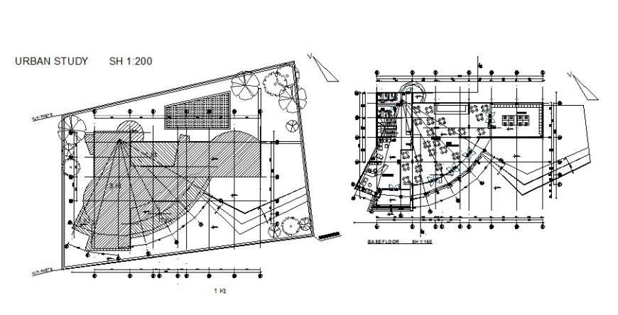 urban study of restaurant building in dwg file.